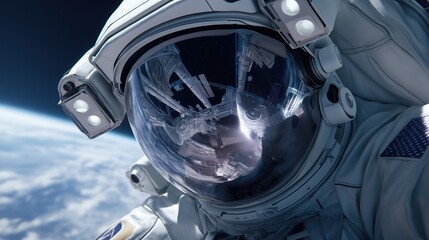 astronaut in helmet, reflection in visor shows huge futuristic space station orbiting Earth, sci-fi cinematic detail, ultra realistic 