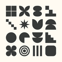 Vector art of a collection of abstract geometric shapes and icons in a grid layout, featuring squares, circles, stars, and other minimalist forms, isolated on a light cream background