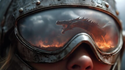 warrior in fantasy armor with polished goggles, reflection in goggles shows giant dragon breathing fire in the sky, epic fantasy cinematic detail
