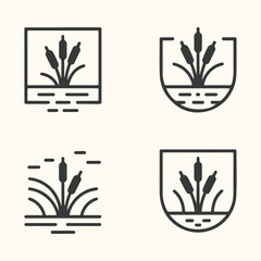Vector art of four minimalist line art icons depicting cattails growing in water, presented in square and shield shapes, symbolizing nature and wetlands