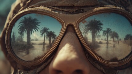 traveler in dusty goggles crossing desert, reflection in goggles shows shimmering mirage of oasis with palm trees and water, surreal cinematic detail