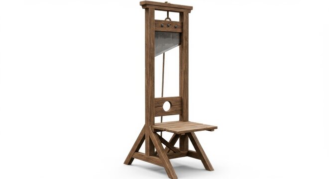 A vintage wooden guillotine isolated on white background evoking historical punishment and