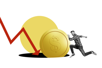 Composite photo collage of silly businessman run hole arrow bankruptcy recession coin inflation trap isolated on painted background