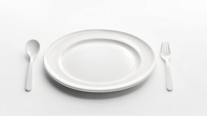 A pristine white plate, spoon, and fork are arranged symmetrically on a plain white background