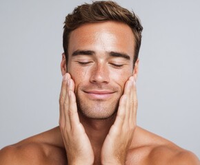Obraz premium A man with closed eyes gently touches his face, showcasing smooth, healthy skin against a neutral backdrop.
