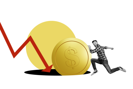 Composite photo collage of silly businessman run hole arrow bankruptcy recession coin inflation trap isolated on painted background