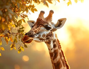 Close-up of a giraffe eating leaves at golden hour