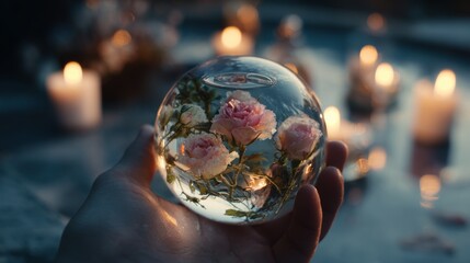 Fototapeta premium Hand holding glass orb with pink flowers and candles in soft candlelight