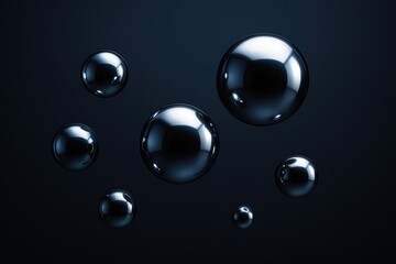 Abstract 3D floating black spheres on dark background.