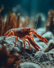 Close-Up of Lobster Crawling on Rocky Seabed with Seaweed and Ocean Texture