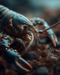 Close-Up of Lobster Crawling on Rocky Seabed with Seaweed and Ocean Texture