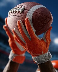 Macro Close-Up of Wide Receiver Gloves Catching American Football Mid-Play