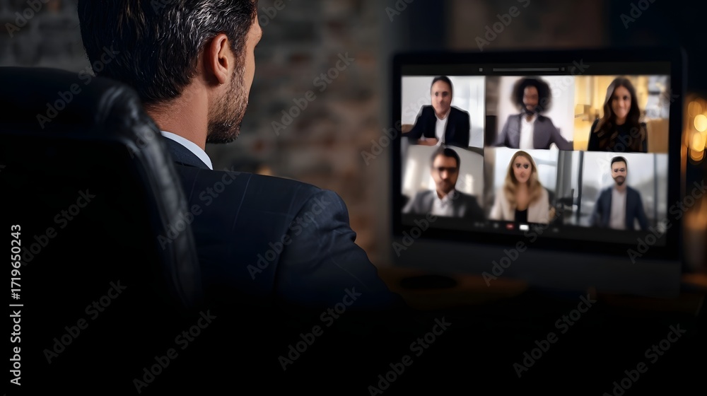 Poster man in a suit diligently attends an online business meeting connecting with remote colleagues via vi
