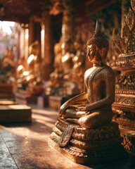 Golden Buddha Statue in Peaceful Temple Setting with Soft Sacred Light