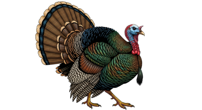 Male turkey displaying its plumage isolated on transparent background