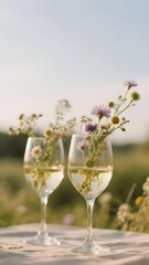 Wildflowers in Wine Glasses Outdoors with Rustic Summer Aesthetic
