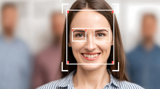 Woman with facial recognition overlay in a professional setting - Powered by Adobe