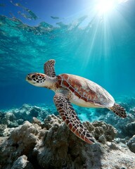 Sea Turtle Gliding Gracefully Over Coral Reef with Sunbeams Underwater