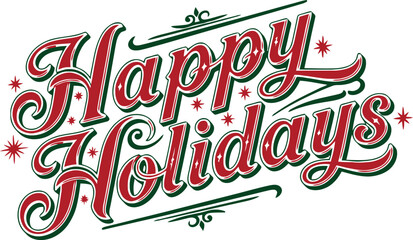 Happy Holidays Calligraphy with Festive Swirls and Stars, Perfect for Greeting Cards and Decorations