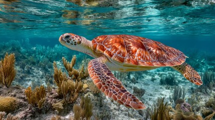 Sea Turtle Gliding Gracefully Over Coral Reef with Sunbeams Underwater