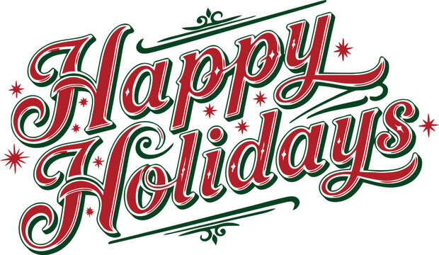 Happy Holidays Calligraphy with Festive Swirls and Stars, Perfect for Greeting Cards and Decorations