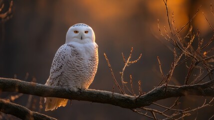 Snowy Owl Perched on Frozen Tree Branch in Golden Winter Light