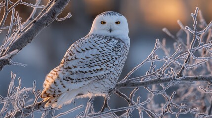 Snowy Owl Perched on Frozen Tree Branch in Golden Winter Light
