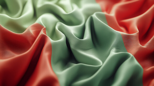 Wavy green and red fabric texture, soft drape, warm tone, cozy mood