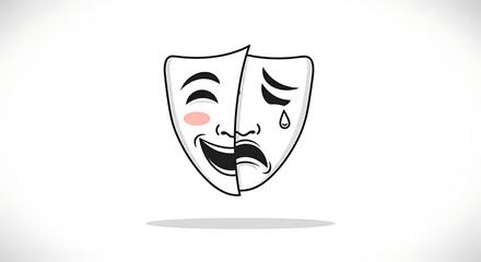Clean Line Style Split Face Drama Masks Representing Opposite Emotions Icon