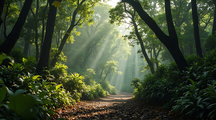Obraz premium Sunlight streams through a lush forest path, illuminating the verdant undergrowth and towering trees.
