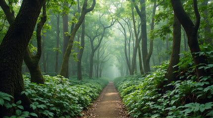 Obraz premium Misty forest path winding through lush green trees.