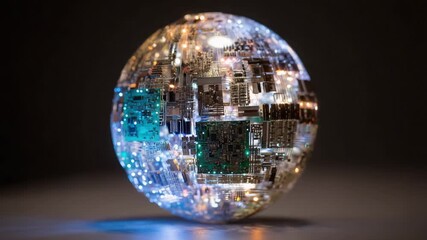 Abstract technological sphere made of computer parts and circuit boards glowing with blue and orange lights, representing global network connections, data processing and artificial intelligence - Powered by Adobe