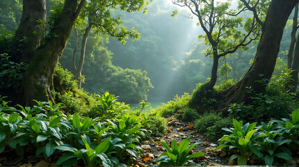 Obraz premium Lush green forest path bathed in morning sunlight, leading into a misty valley.