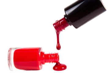 Red nail polish dripping from bottles isolated on a transparent background cosmetic