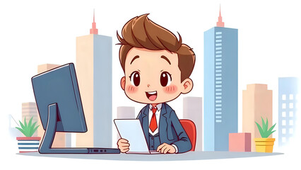 A cheerful cartoon businessman works at his desk in an office with city skyscrapers in the background.