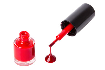 Naklejka premium Red nail polish dripping from brush isolated on white... isolated on a transparent background