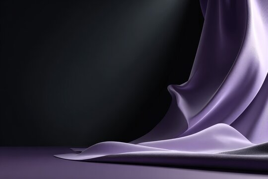 A dramatic presentation of draped, flowing fabric in a muted lavender hue against a deep black backdrop.