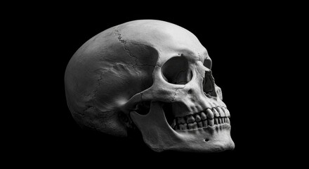 Obraz premium Dramatic monochrome rendering of a human skull against a dark background providing a stark contrast