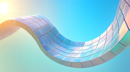 Shiny curved tile ribbon floating under sunlit blue sky with soft glow