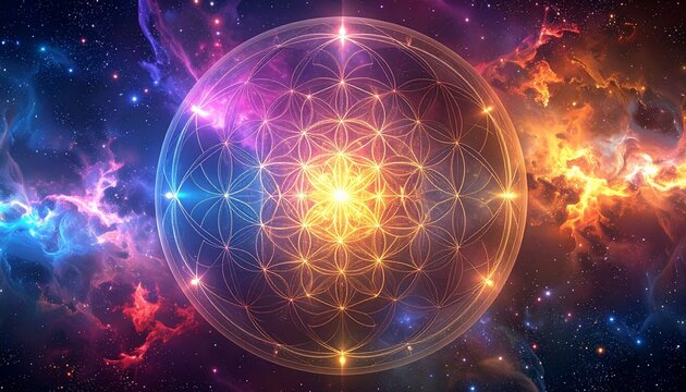 Sacred Geometry Glowing Flower of Life Pattern in Cosmic Nebula Background, Spiritual Symbolism