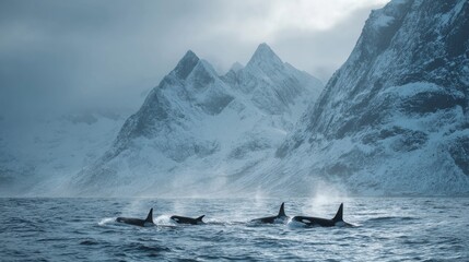 Naklejka premium Orca Family Swimming Together in Cold Northern Ocean