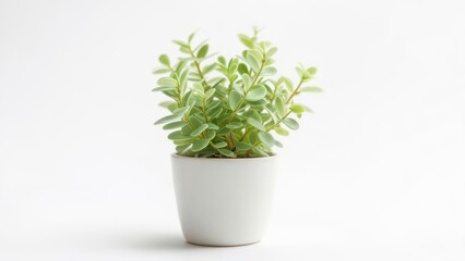 Fototapeta premium A small, light green plant in a white pot, against a plain white background