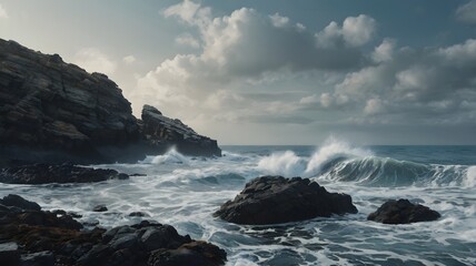 Obraz premium Dramatic Ocean Waves Crashing Against Rocky Cliffs Under Cloudy Sky