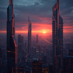 Skyline Symphony: A cityscape silhouette unfolds beneath a mesmerizing sunset, showcasing towering skyscrapers and urban architectural forms.