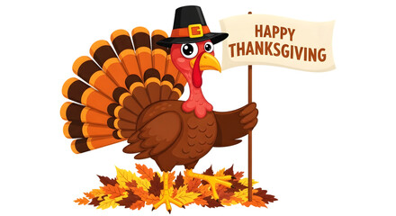 Cartoon turkey holding happy thanksgiving sign isolated on white isolated on transparent background