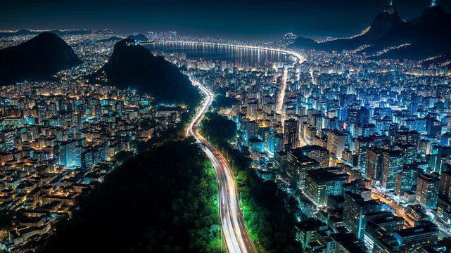 Aerial river of light carves through coastal megacity at blue hour, mapping pulse, connectivity, and vibrant nightlife in breathtaking urban motion.