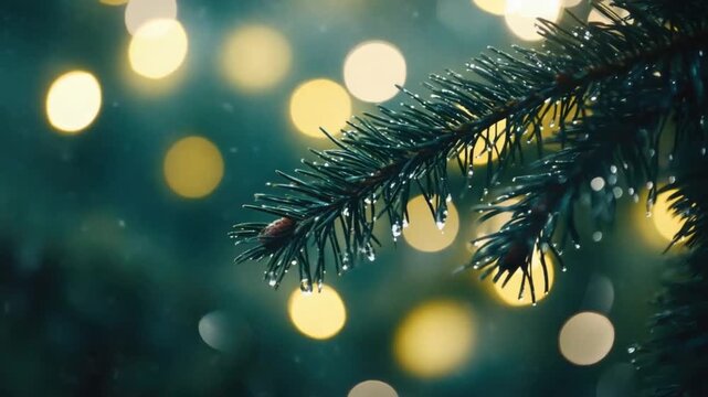 Christmas tree branch decorated with glowing golden baubles and lights symbolizing holiday celebration and winter season.