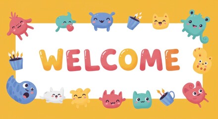 Obraz premium Playful Welcome Card Design with Cute Monsters and Cheerful Typography Invitation