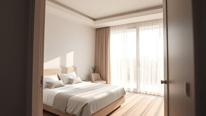 A modern hotel bedroom with morning sunlight and minimalist decor.