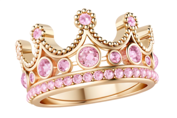 Royal gold crown with pink diamonds on white background isolated on a transparent background